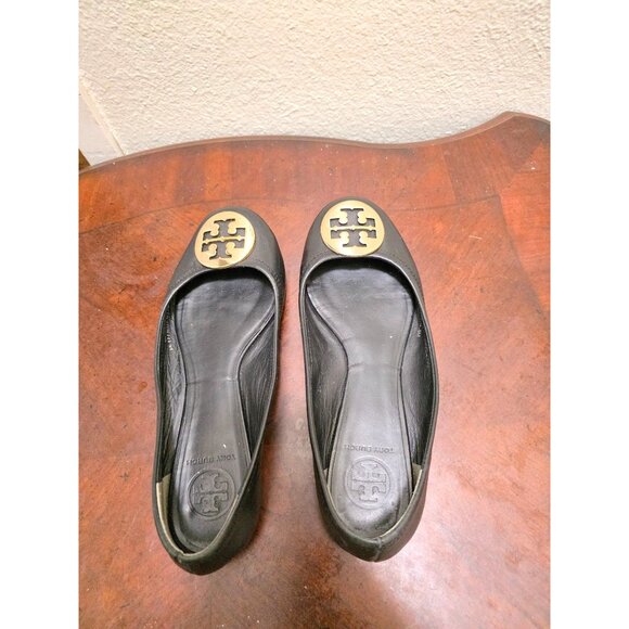 Tory Burch Black Leather Gold Logo Flats Women's Size 8 - Picture 6 of 12